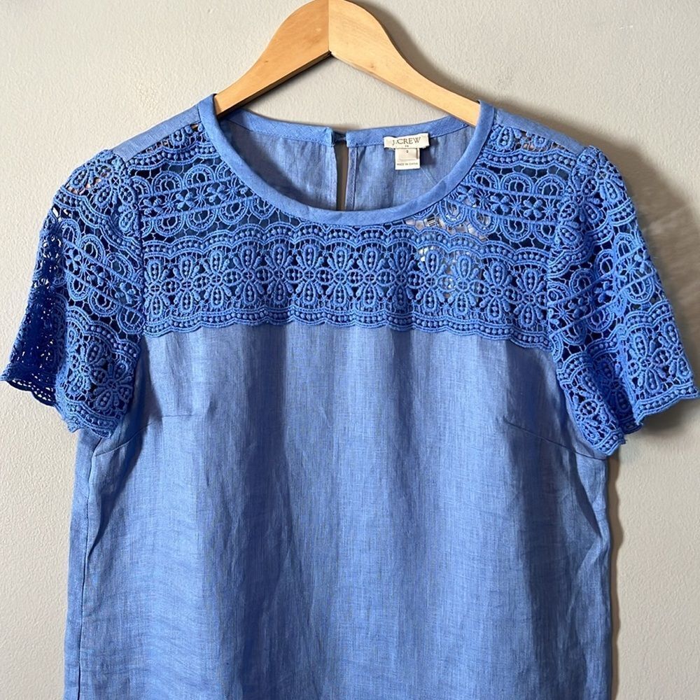 New! J. Crew Factory Linen Top Crochet Women's Size 2 Blue NWT - Picture 3 of 13